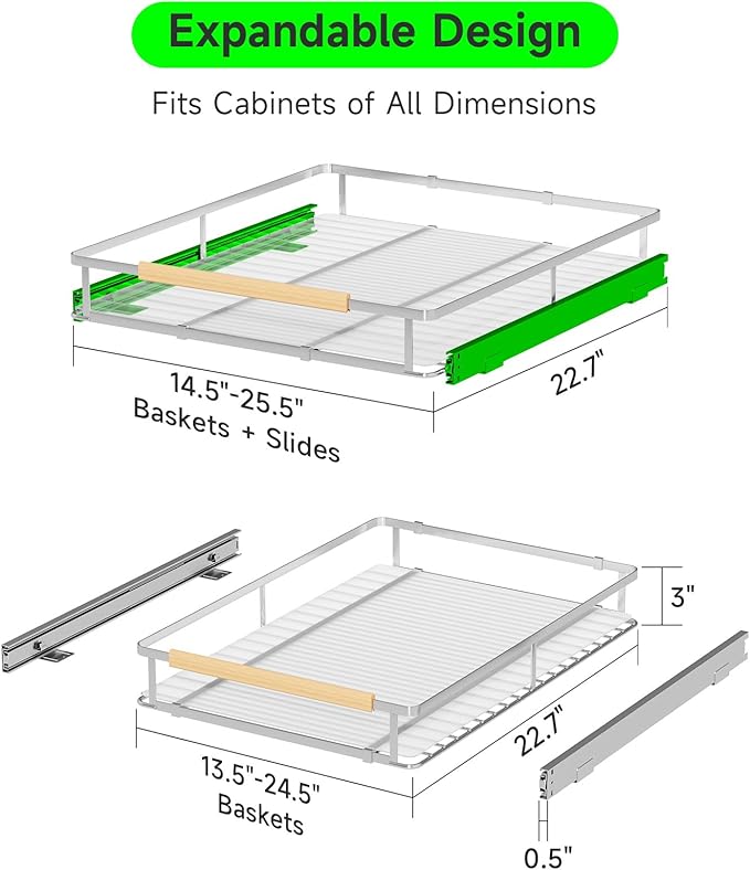 Expandable Pull Out Drawers for Cabinets, Kitchen Cabinet Slide Out Shelves, Adjustable Roll Out Drawers, Stainless Steel, Large 1 Pack, (14.5"-25.5") Cabinet Width x 22.7" Depth