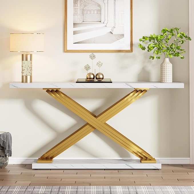 Tribesigns 55 Inch Modern Console Table, Gold Entryway Table Behind Sofa Couch, Narrow Rectangular Sofa Table for Living Room, Bedroom, Front Hall, Hallway, Gold & White