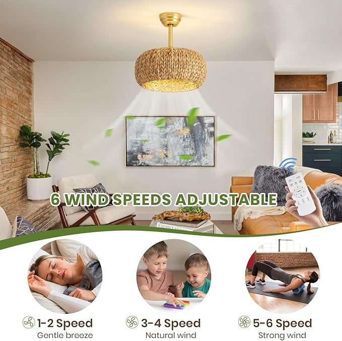 17.7" Caged Rattan Ceiling Fans with Lights, Boho Flush Mount Ceiling Fan with Light, Low Profile Chandelier 6 Speed Bladeless Reversible Ceiling Fan for Living Room Bedroom kitchen island dining room