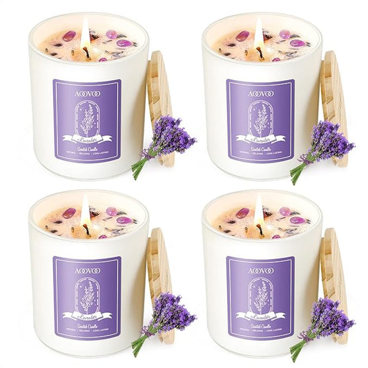 AOOVOO Lavender Candles Set for Women - 4 Pack Candles for Home Scented, Aromatherapy Candle with Crystals Inside, 28 oz 200 Hour Long Lasting, Birthday Gifts Mothers Day Candle for Women Mom