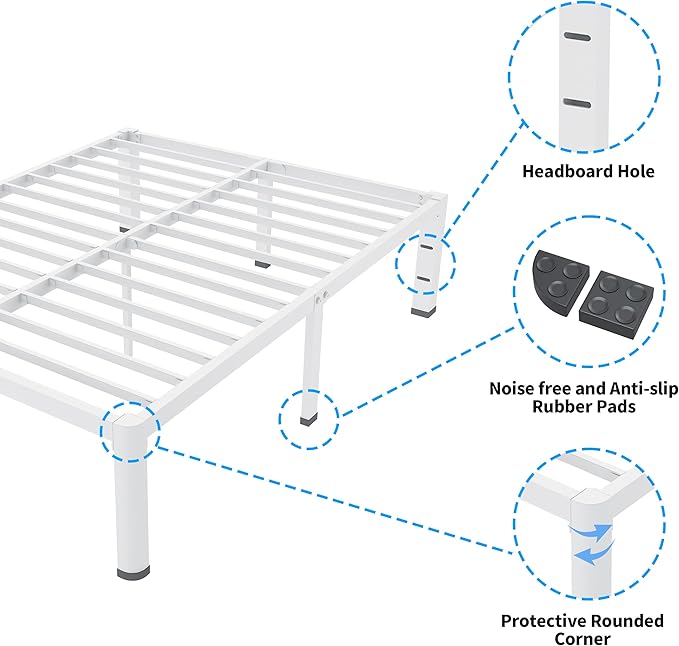 ROIL 18 Inch White Twin XL Bed Frame with Rounded Corner and Headboard Hole Mattress Retainers 3500LBS Heavy Duty Steel Slats No Box Spring Needed Platform Noise-Free Easy Assembly