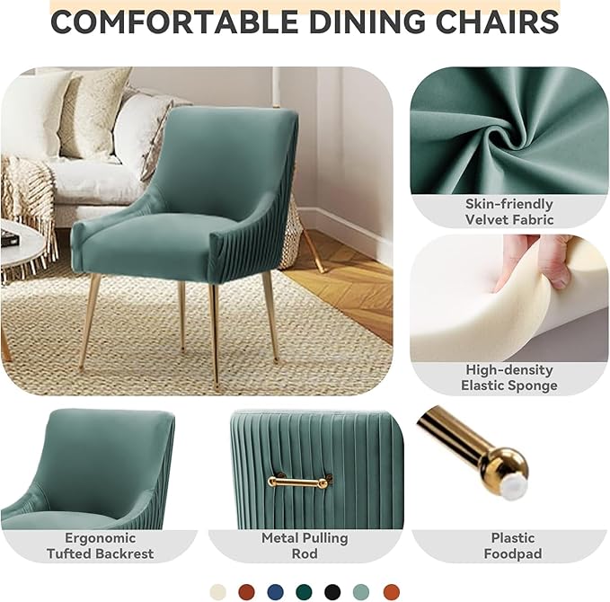Dining Chairs, Accent Chairs Set of 4, Modern Upholstered Kitchen Dining Room Chairs with Gold Legs, Fabric Tufted Velvet Living Room Chairs for Reception Room Bedroom Guest Room (Green)