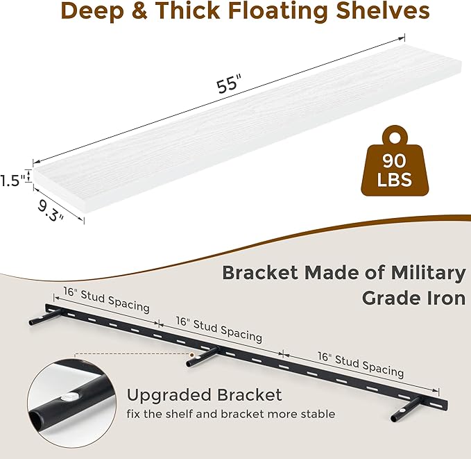 Fun Memories 55 Inch Floating Shelves for Wall Set of 2, 55x9.3 Large Floating Shelf for Bedroom, Kitchen, Bathroom, Wall Mounted Rustic Wood Shelves with Invisible Bracket for Books, Decor, White