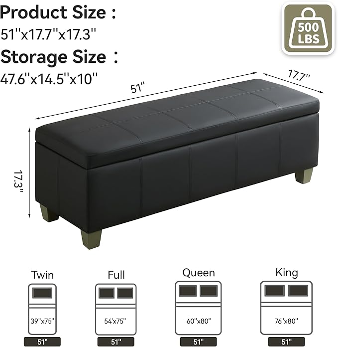 51" Faux Leather Storage Ottoman, Stitch Tufted Rectangle Upholstered End of Bed Storage Bench, Entryway Large Couch Ottoman with Wooden Legs, Dark Black