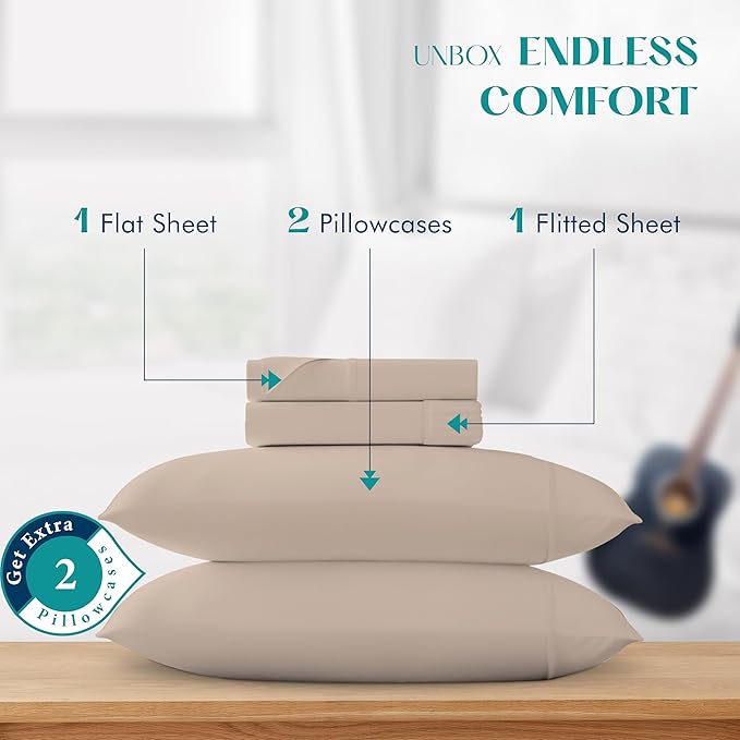 XOOX Linen 100% Egyptian Cotton Sheets Queen Size - 1200 Thread Count 4 PC Queen Sheet Set Egyptian Cotton, Sateen Weave Luxury Sheet, High Thread Count Sheets, Fits Upto 19" Deep Pocket - Taupe