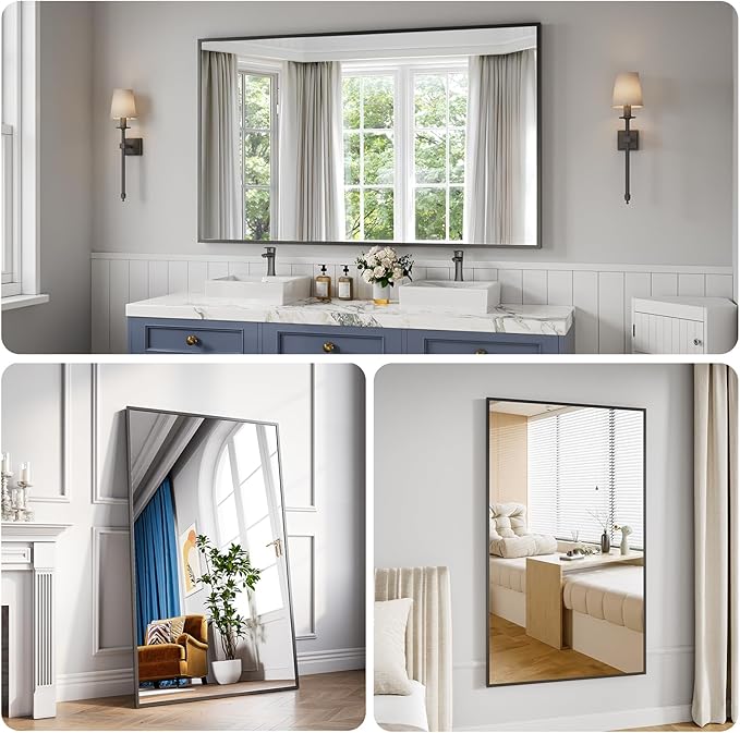 Bathroom Mirror 36x60 Matte Black Rectangle Bathroom Wall Mirror for Over Sink, Modern Large Vanity Mirror, HD Tempered Glass, Anti-Rust Aluminum Alloy Frame, for Living Room, Bedroom, Entryway