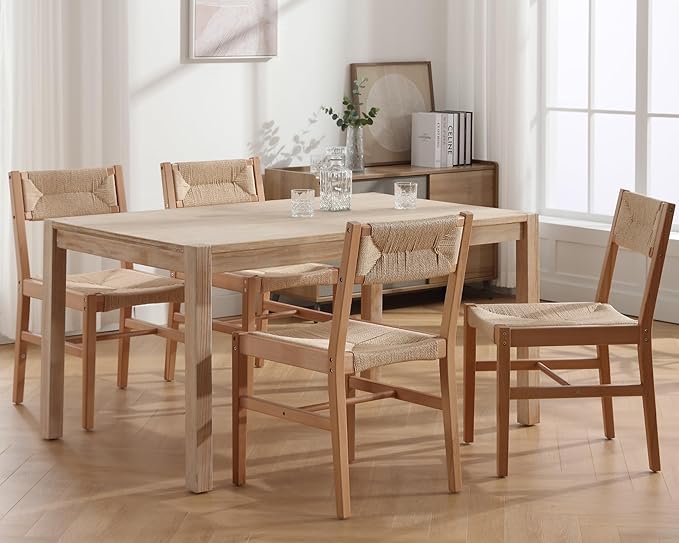 Modern Rattan Dining Chairs Set of 4, Boho Cane Farmhouse Chair, Natural Wood Legs Dining Chairs with Open Back, Armless with Natural Weave 2.5 Inches Seat Kitchen Chairs for Living Room