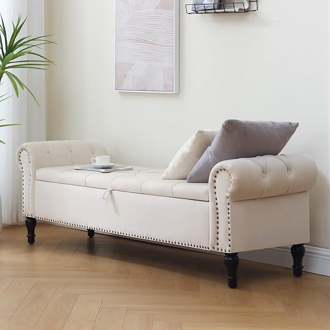 Storage Bed Bench for Bedroom, Velvet 67" End of Bed Benches, King Size Bench with Armrest, Tufted Button Upholstered Ottoman Bench for Living Room, Entryway, Cream Beige