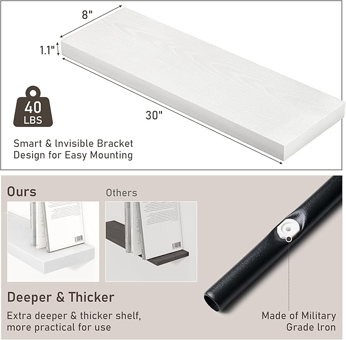 Fun Memories Floating Shelves - 2 Pack 30 Inch Long Rustic Wooden Wall Shelves - 8 Inch Deep Wall Mounted Storage Shelf with Invisible Heavy-Duty Brackets for Books, Bathroom, Kitchen - White