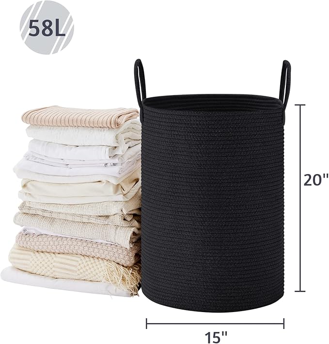 VIPOSCO Large Laundry Hamper, Tall Woven Rope Storage Basket for Blanket, Toys, Dirty Clothes in Living Room, Bathroom, Bedroom - 58L Black