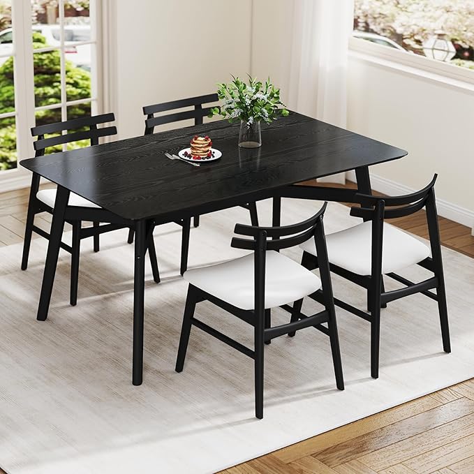 VESCASA 5-Piece Dining Set, 59" L Black Rectangle Wood Dining Table with 4 Curved Back Chenille Beige Wood Dining Chairs for Dining Room, Kitchen, Restaurant, Dining Set for 4