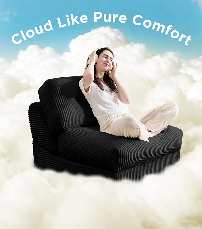 Tbfit Folding Sofa Bed, Convertible Sleeper Chair with Large Pillow, Corduroy Folding Couch Bed, Portable & Foldable Mattress Boneless Floor Sofa for Living Room, Bedroom, Office, Black, Single