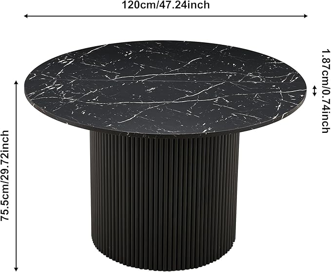 47" Round Dining Table for 4, Modern Farmhouse Marble-Look Foiled Top with MDF Striped Base, Kitchen & Dining Room Tables - Black