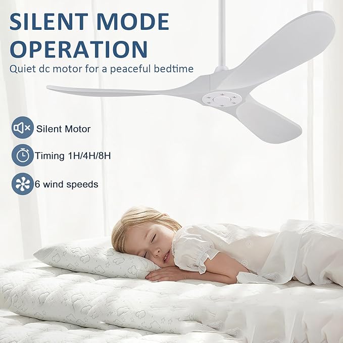 52 inch Ceiling Fan no Light, Quiet Reversible DC Motor Wood Ceiling Fan Without Light, White Modern Ceiling Fan with Remote Control for Outdoor Indoor Farmhouse Patios