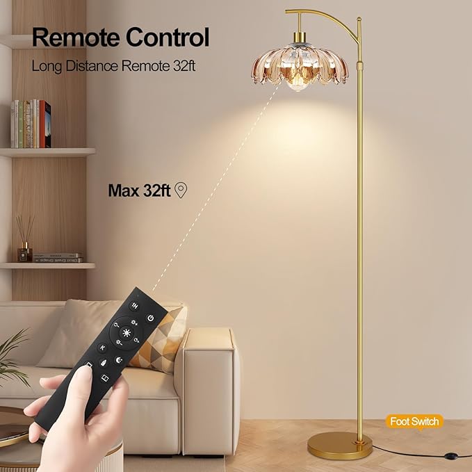 Arc Floor Lamp for Living Room Gold Floor Lamp with Remote Control,Dimmable Floor Lamps With Glass Lampshades,Mid Century Modern Standing Lamp Tall Vintage Flower Floor Lamps for Bedroom,Corner