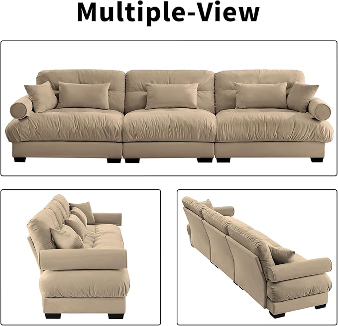 130" Oversized Couch, 3 Seater Modular Sectional Sofa, Camel Large Sectional Couches for Living Room, Fluffy Couch Set, Velvet Cloud Sofa with 5 Pillows, Deep Seat Sofas for Living Room