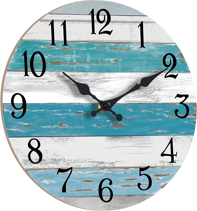Wall Clock Battery Operated 12 Inch Outdoor Beach Style Blue Coastal Retro Silent Non Ticking Decorative for Bathroom Kitchen Living Room Bedroom