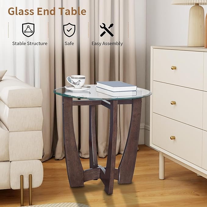 LKTART Glass End Table, 23.5" Round Side Tables with Tempered Glass Top Cross and Solid Wood Base Small Night Stand for Living Room Office Apartment Cherry