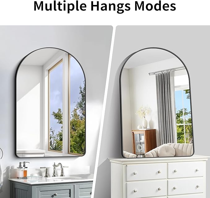 Arched Bathroom Mirror, 32"x48" Black Arched Mirror for Bathroom, Wall Mounted Mirror, Black Vanity Wall Mirror w/Metal Frame for Bedroom, Entryway, Living Room, Hanging or Leaning Against Wall