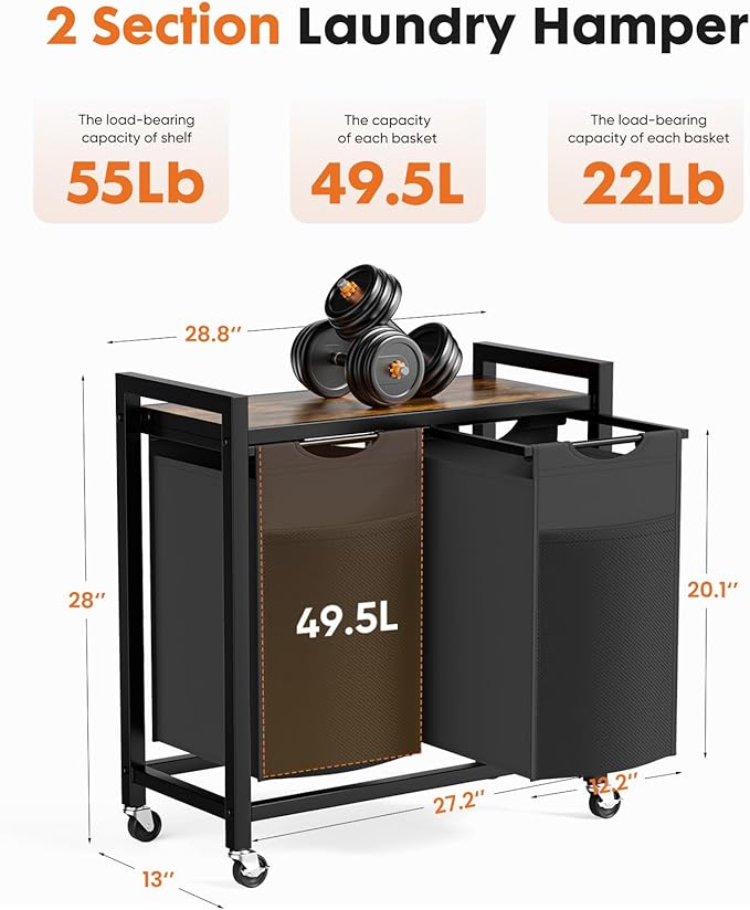 Sweetcrispy Laundry Hamper with 2 Pull-Out Removable Sorter Bags, Movable Wheels, Freestanding Clothes Basket Organizer in Bathroom, 2 × 13.1Gal (99L) Capacity, Rustic Brown and Black