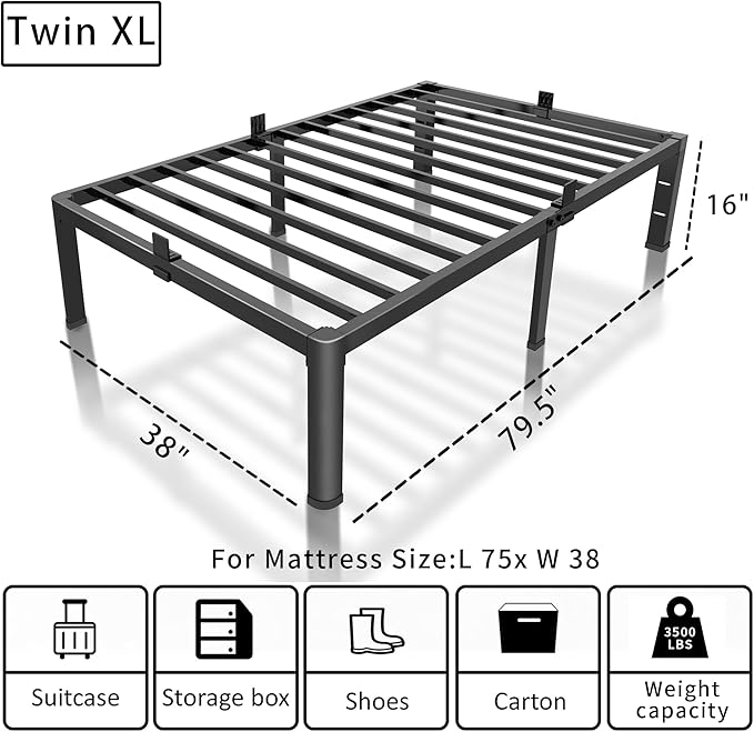 ROIL 16 Inch Twin XL Bed Frame with Rounded Corner and Headboard Hole Mattress Retainers 3500LBS Metal Heavy Duty Steel Slats No Box Spring Needed Platform Noise-Free Easy Assembly