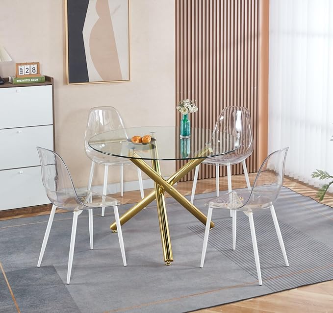 43.3" Round Glass Dining Table for 6, Modern Clear Glass Kitchen Table for 6 with Gold X Metal Legs, Contemporary Small Circle Dining Room Leisure Tables for Kitchen Apartment