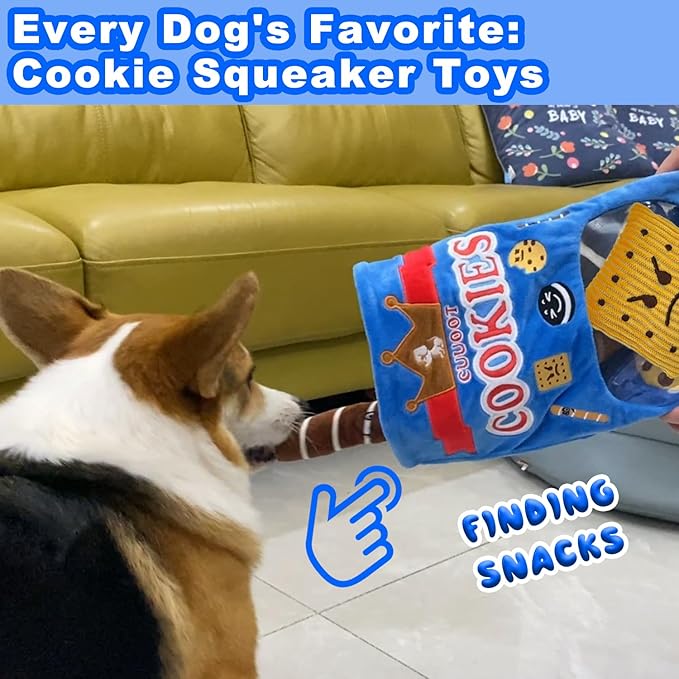 Treat Dispensing Dog Toys, Crinkle Squeaky Interactive Dog Toys, Enrichment Treat Puzzle Pet Toys for Medium, and Large Dogs (Cookie)