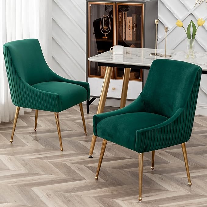 Dining Chairs, Accent Chairs Set of 6, Modern Upholstered Kitchen Dining Room Chairs with Gold Legs, Fabric Tufted Velvet Living Room Chairs for Reception Room Bedroom Guest Room (Deep Green)