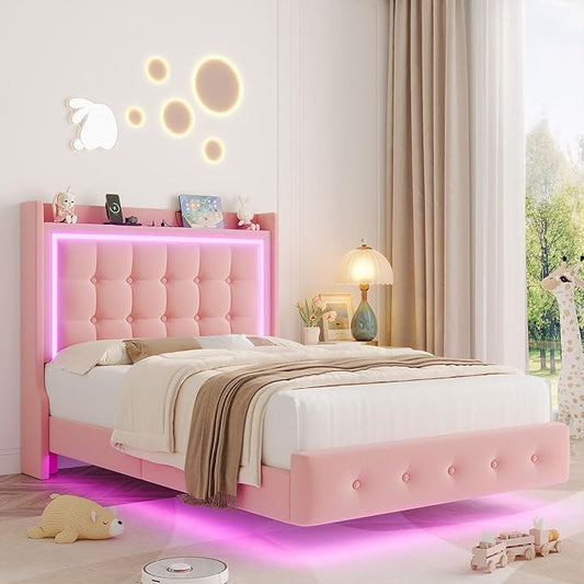 Keyluv Upholstered Twin Floating Bed Frame with RGB LED Lights and Charging Station, Velvet Platform Bed with Button Tufted Storage Headboard, Type-C & USB Charging Ports, No Box Spring Needed, Pink