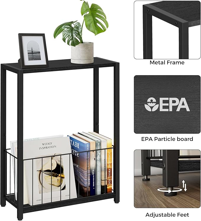 Narrow Side Table with Magazine Holder, Skinny End Table Perfect for Small Spaces, Space-Saving Design for Living Room, Bedroom, or Office, 7.1" D x 16.9" W x 23.6" H, Black