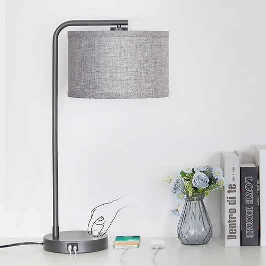 Gray Bedside Lamp with USB C+A Charging Ports, Fully Dimmable Modern Nightstand Lamp with Grey Fabric Shade, Tall Reading Lamp Desk Lamp for Bedroom Living Room Office with 3000K LED Bulb