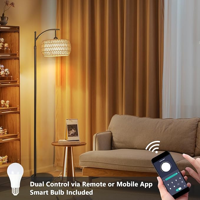 Arc Floor Lamp with Remote Control, Dimmable LED Floor Lamp with 3 Color Temperature, Black Standing Lamp with Rattan & Fabric Double Drum Shade, Boho Farmhouse Tall Pole Lamp for Living Room Bedroom