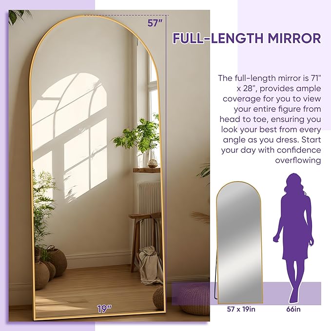 Full Length Mirror, 58"x19" Arched Floor Mirror Freestanding, Floor Standing Full Body Mirror with Stand for Bedroom, Hanging Mounted for Living Room Cloakroom, Gold