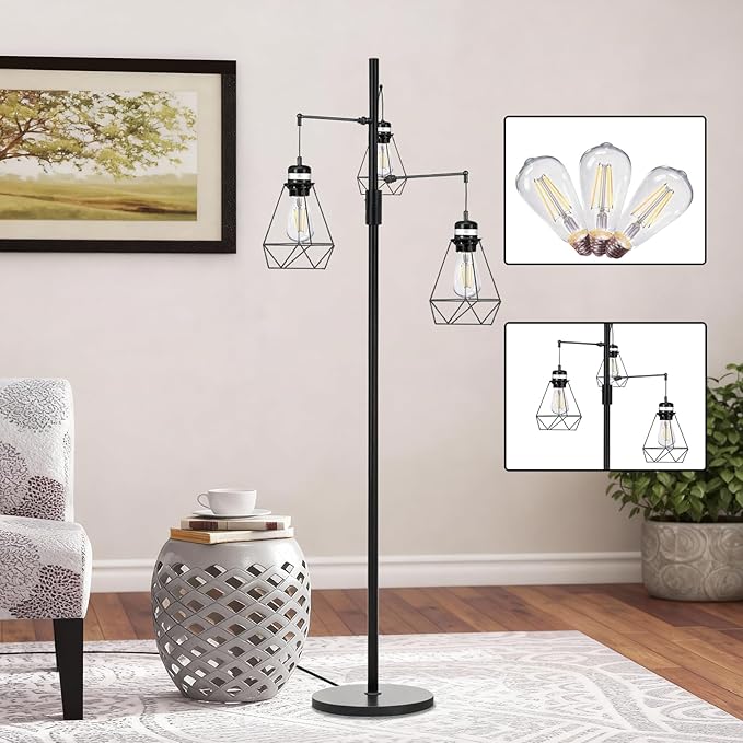 NUNET Boho Industrial Farmhouse Floor Lamp with Stepless Dimming & 3 Adjustable Cage Shades - Vintage Rustic Tall Standing Light for Living Room/Office, Includes Edison Bulbs, Weighted Base