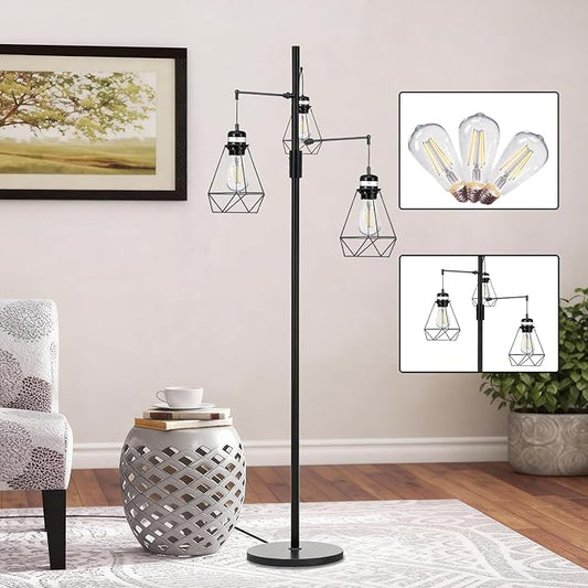 NUNET Boho Industrial Farmhouse Floor Lamp with Stepless Dimming & 3 Adjustable Cage Shades - Vintage Rustic Tall Standing Light for Living Room/Office, Includes Edison Bulbs, Weighted Base