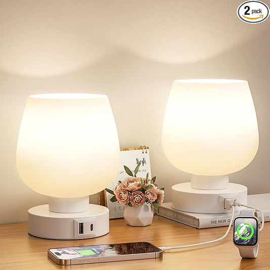 Touch Table Lamp for Nightstand Set of 2 - Bedside Lamp with USB C+A Charging Ports for Bedroom Living Room Night Stands, Desk Lamp with White Glass Shade for Small Spaces, 3 Way Dimmable