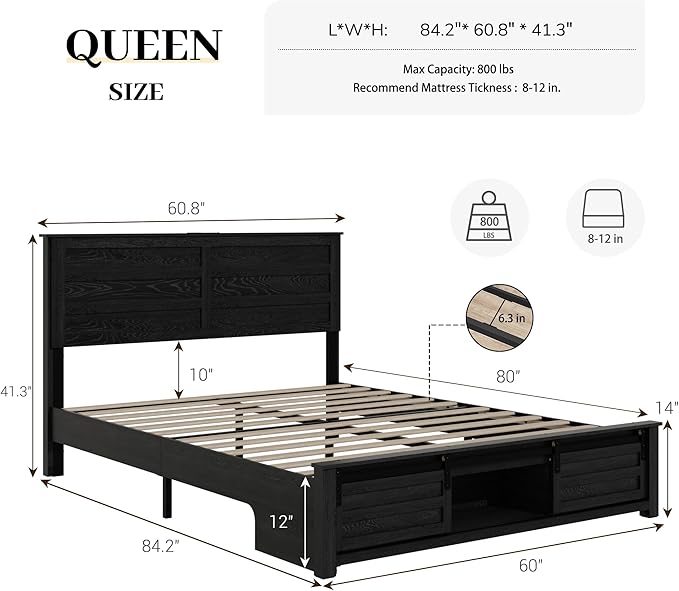 Queen Size Bed Frame with Wood Headboard, Wooden Platform Bedframe with Sliding Barn Door Footboard and Charging Station Easy Assembly, No Box Spring Needed (Black, Queen)
