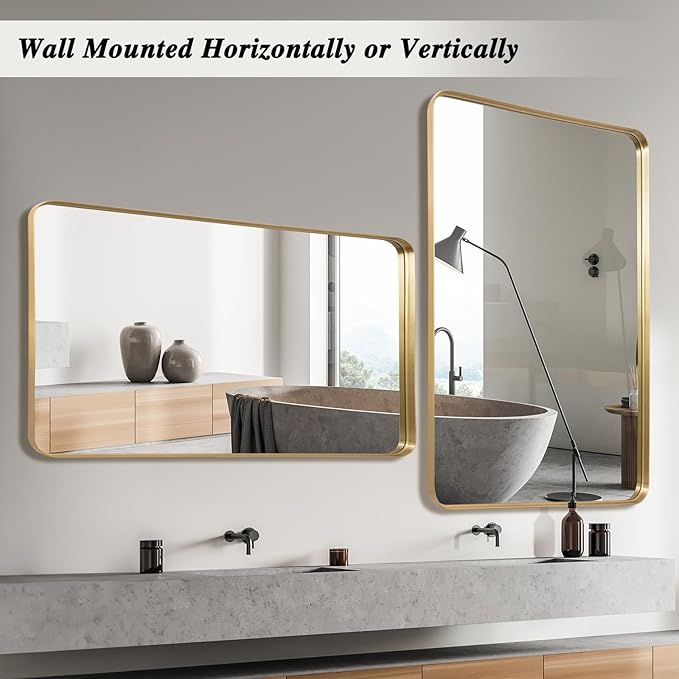 Gold Metal Deep Frame Mirror - 30" x 48" Rectangular Wall Mounted Vanity Mirror for Bathroom, Bedroom, Living Room & Entryway Decor