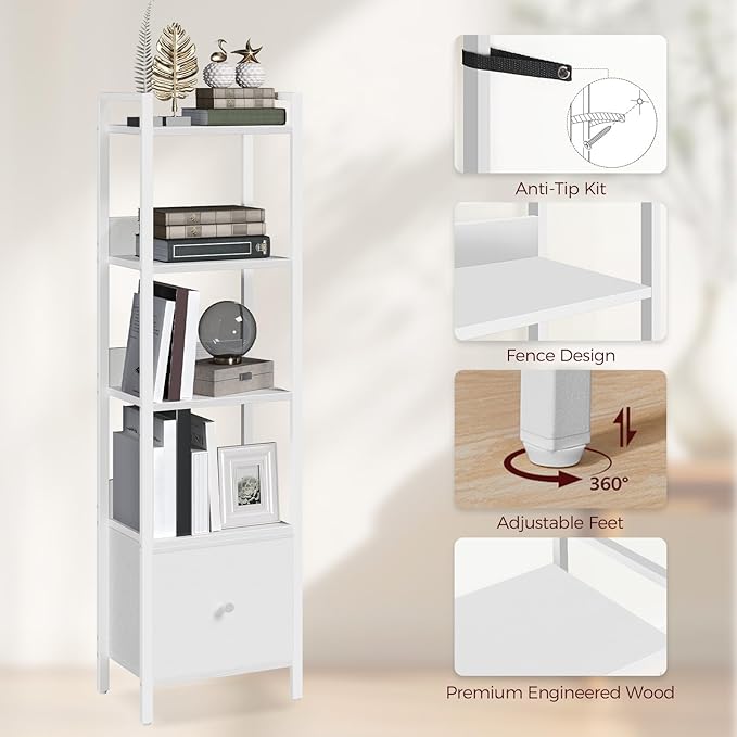 Bookshelf, 5-Tier Bookcase with Drawer, Small Book Shelf for Small Space, Storage Shelf Organizer, for Living Room, Bedroom, Study, Kitchen, White BKWT55101