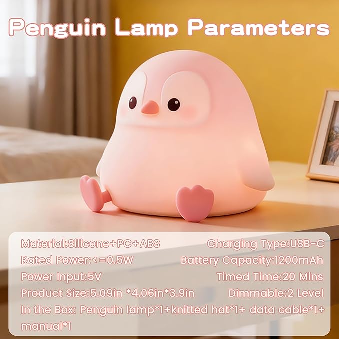 Penguin Night Light for Kids,Cute Pink Penguin Lamp,Soft Silicone Nursery Nightlight,LED Squishy Novelty Animal Bedside Lamp,Rechargeable/Dimmable/Timer,Room Deco,Christmas Gifts for Mom Girls Baby