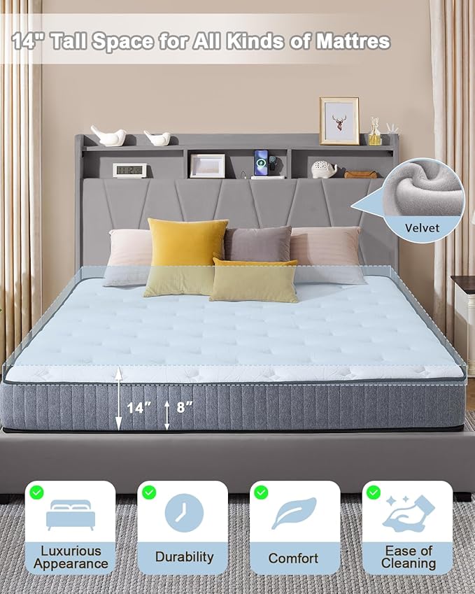 King Size Bed Frame, Velvet Upholstered LED Platform Bed with Headboard Storage, Bed Frame King Built-in Charging Station with 4 Drawers, Wood Slat Support, No Box Spring Needed, Grey