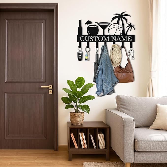 Personalized Key Holder for Wall, Beach Theme Key Holder Wall Mount with Hooks, Coconut Trees Key Hanger Wall Decor for Pool Bathroom Hallway Entryway Office, Customized Home Decor Gifts Color03