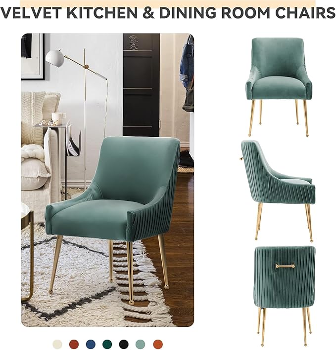 Dining Chairs, Accent Chairs Set of 8, Modern Upholstered Kitchen Dining Room Chairs with Gold Legs, Fabric Tufted Velvet Living Room Chairs for Reception Room Bedroom Guest Room (Green)