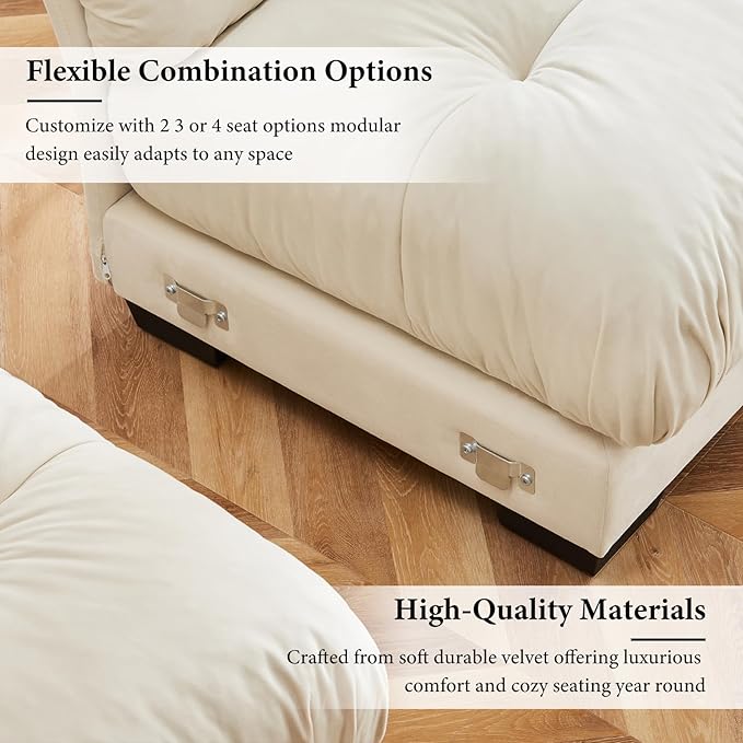 166" Oversized Couch, 4 Seater Modular Sectional Sofa, Beige White Large U Shaped Sectional Couches, Fluffy Couch Set, 4 Seater, Velvet Cloud Couches with Ottoman, Sofas for Living Room