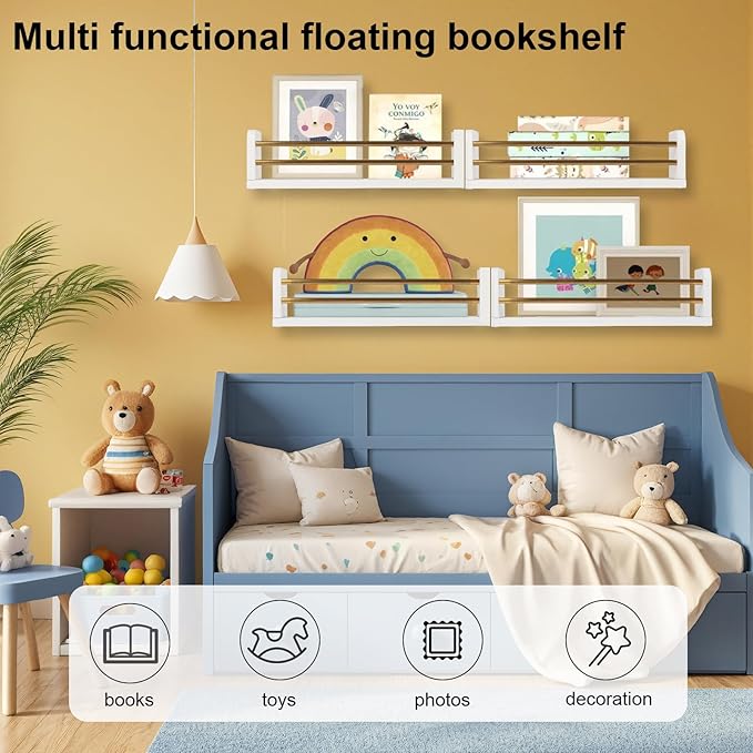 Nursery Wall Bookshelves 4-Pack, Floating Shelves for Kids Room Décor, Baby & Toddler Book Shelf Organizer, Solid Wood Wall-Mounted Rack for Books, Toys & Nursery Storage