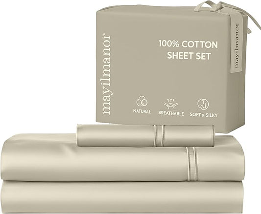 100% Natural Cotton Bed Sheets | 500 TC Single-Ply Sateen Weave Twin XL Sheets | Breathable & Hypoallergenic Solid 3-Piece Bedding with Deep Pocket Fitted, Flat, Pillowcase | Cream Beige
