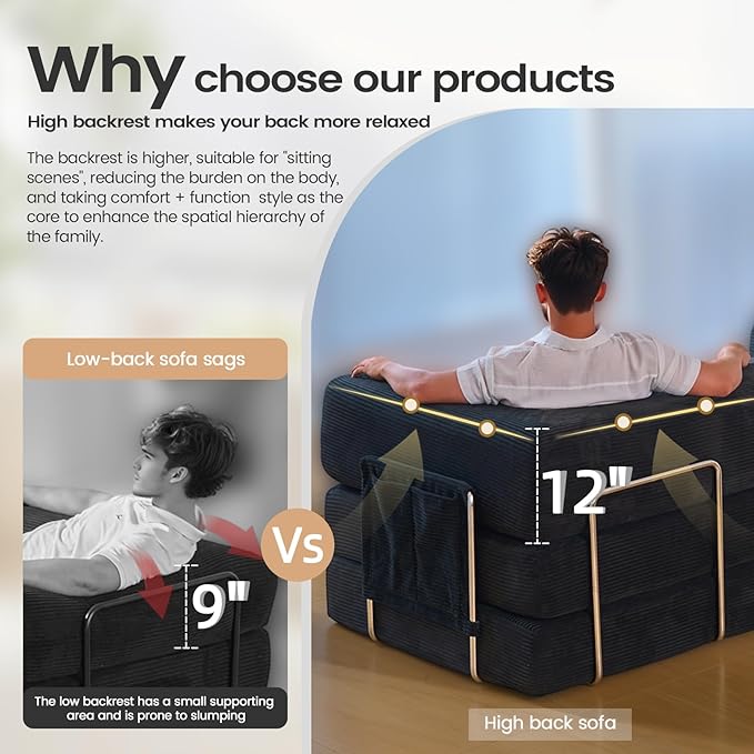 Folding Sofa Bed Convertable Corduroy Couch King Size Floor Sleeper 4-in-1 DIY Combination Modular Sofa Fold Out Futon Lounge Comfy Foldable Lazy cama for Living Room (Orange, 80.15")