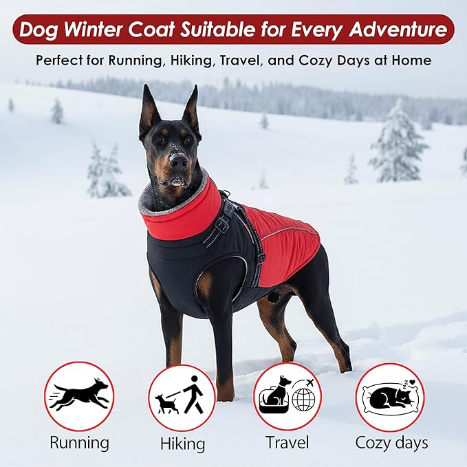 ASENKU Reflective Dog Coat with Built-in Harness, Windproof Fleece-Lined Dog Jacket for Small, Medium, Large Dogs, Warm Winter Vest with Turtleneck & Zipper (Red 3XL)