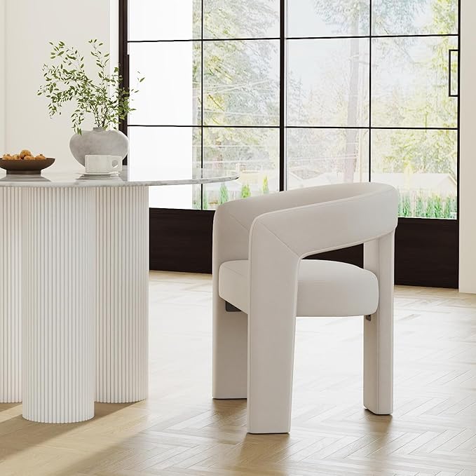 Modern Barrel Dining Chair, Velvet Upholstered Accent Side Chair with Arms Comfy Makeup Vanity Chair, Dining Living Room Kitchen Chair, Beige