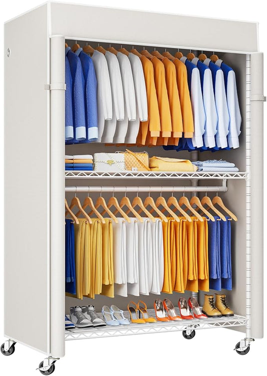 P8C Heavy Duty Clothes Rack（With Extended Width Design） Rolling Clothing Racks for Hanging Clothes with Lockable Wheels，51.2"W x 15.8"D x 80.5"H，Max Load 700LBS，White Rack with White Cover
